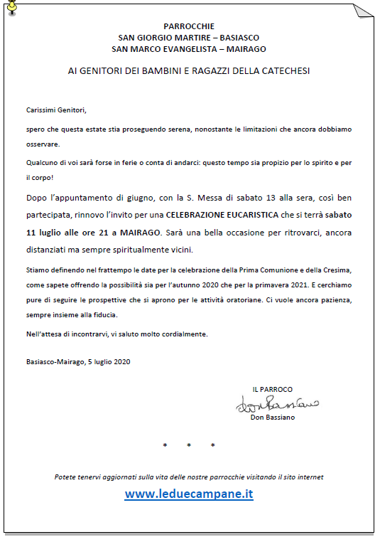 Lettera Ai Genitori Dei Bambini E Ragazzi Della Catechesi Le 2 Campane